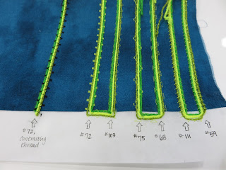 Blue fabric with neon green embroidery stitch samples