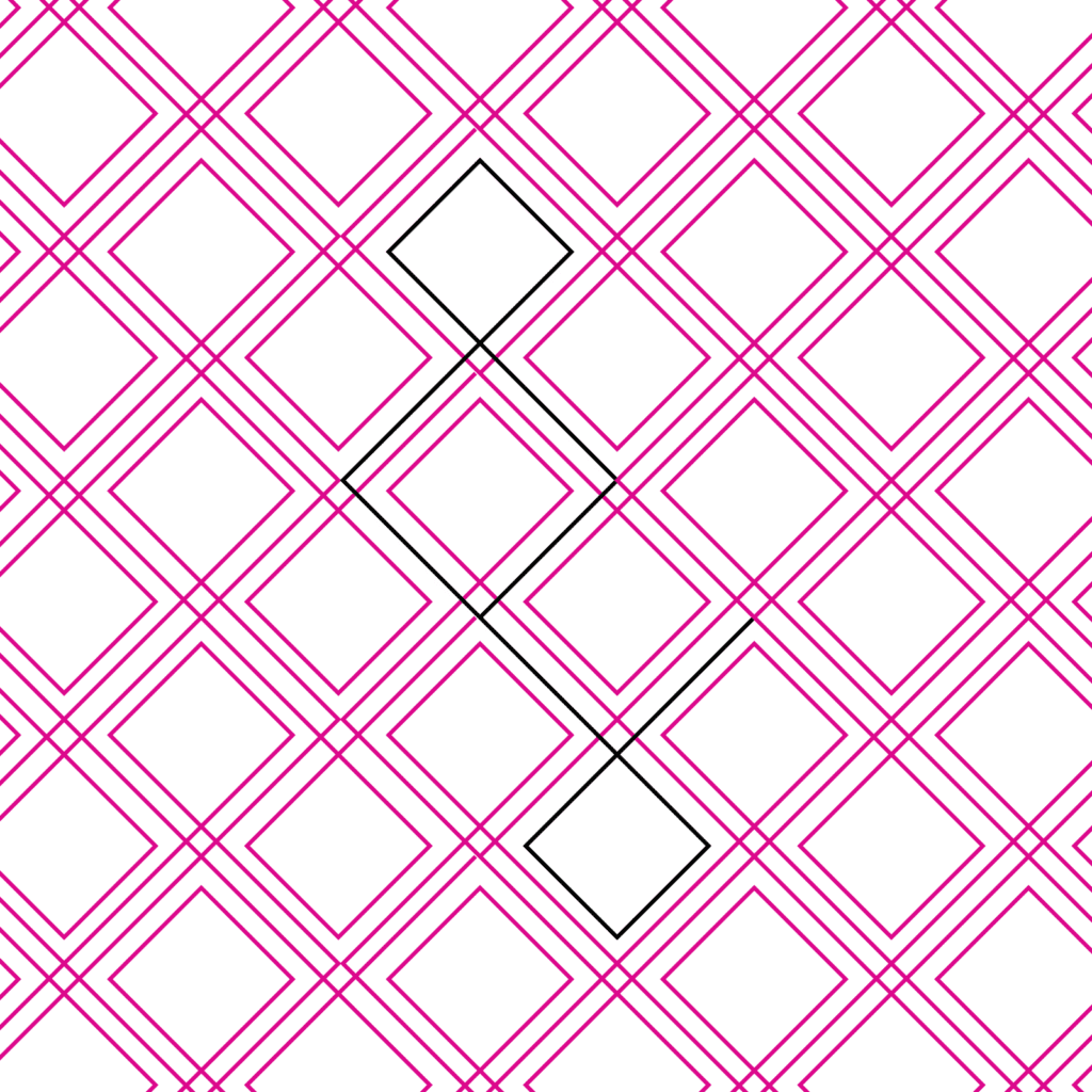 Geometric pattern with overlapping pink diamond shapes on a white background.
