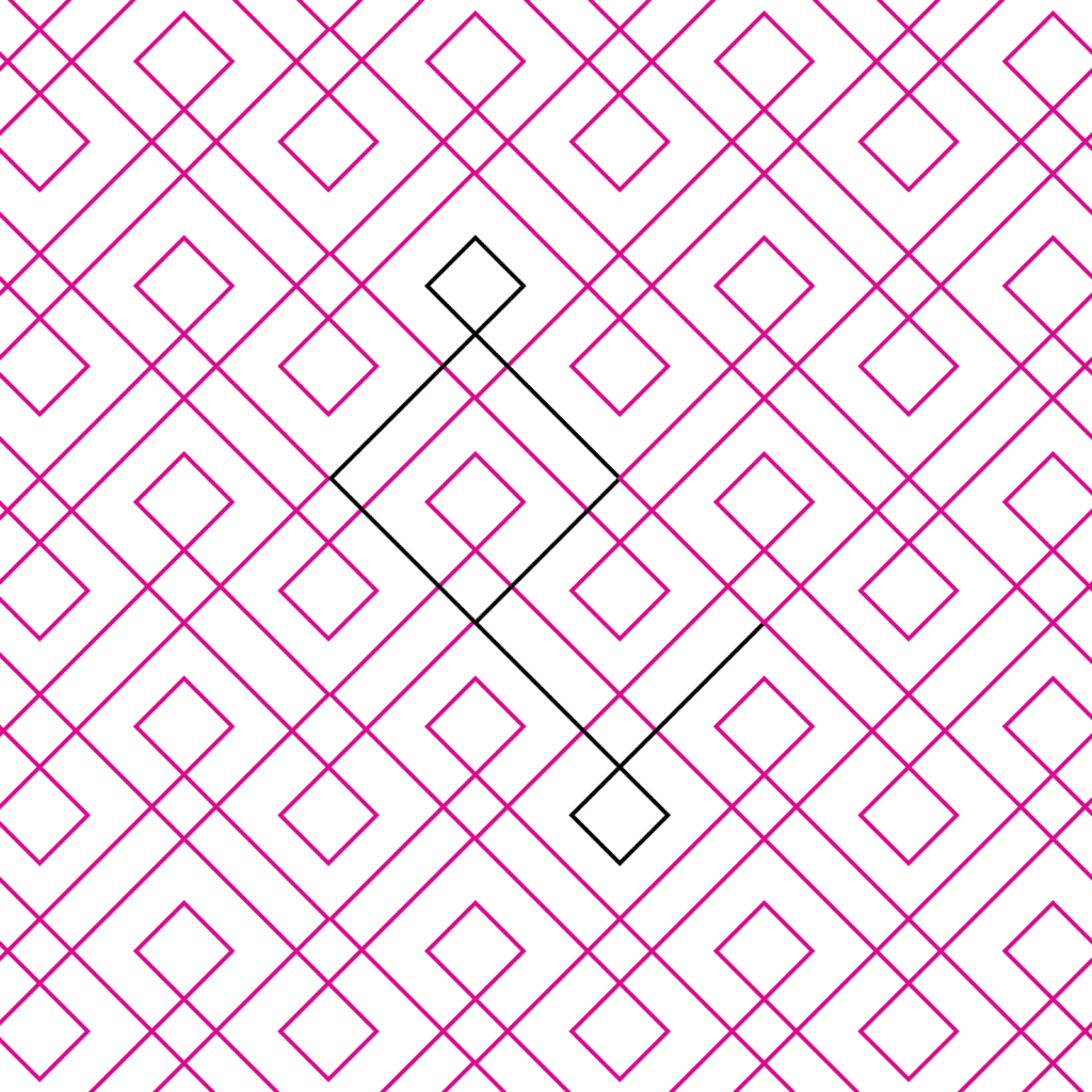 Pink geometric pattern with a central gray diamond design.