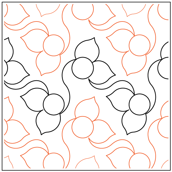Abstract floral pattern with black and orange outlines on white background.