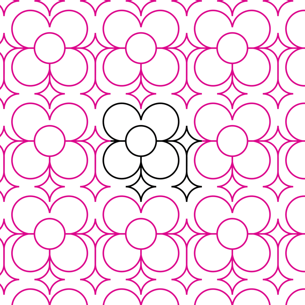 Pattern of pink flowers with one black flower in the center.