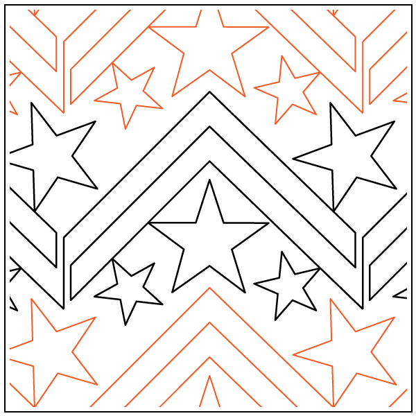 Geometric pattern with stars and chevrons in orange and black lines.