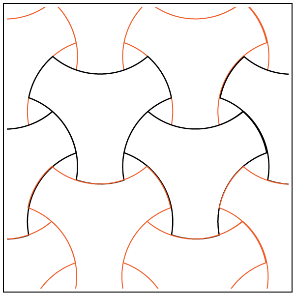 Interlocking tile pattern with curved black and orange lines on white background.