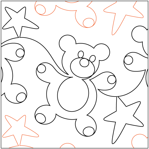 Black and orange outlined teddy bears and stars on white background.