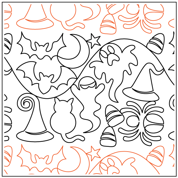 A Halloween-themed coloring page with bats, witches' hats, and candy.