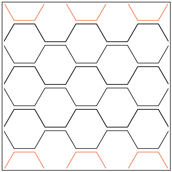 A grid of hexagons outlined in black with red markings on the edges.