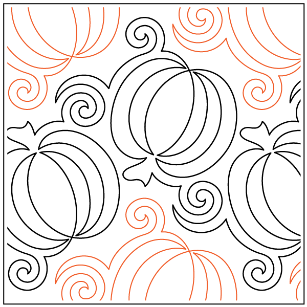 Pattern of swirling pumpkins in black and orange lines.
