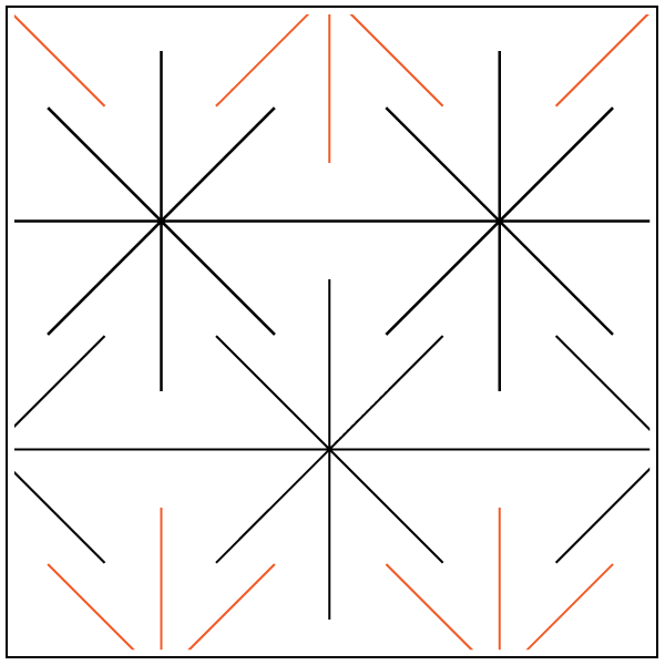 A geometric pattern with black and orange lines forming star-like shapes.