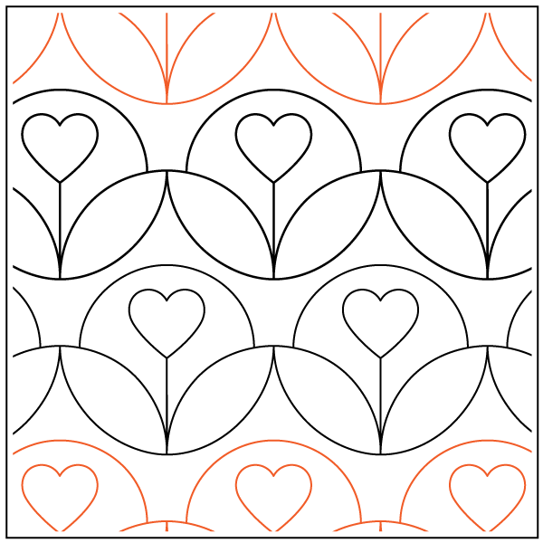 Pattern of hearts within overlapping circles in black and orange lines.