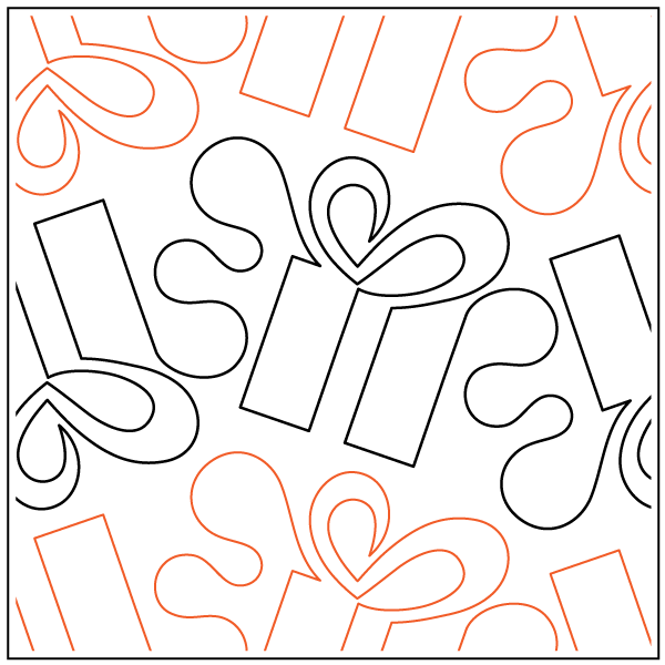 Seamless pattern of gift boxes with bows in black and orange outlines.