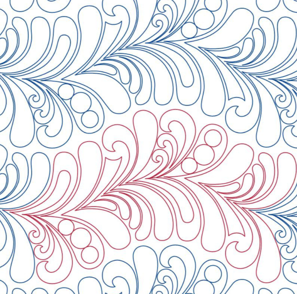 Elegant blue and red floral swirl pattern on white background.