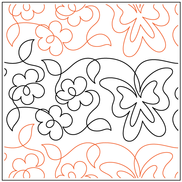 A seamless pattern of flowers and butterflies in black and orange outlines.