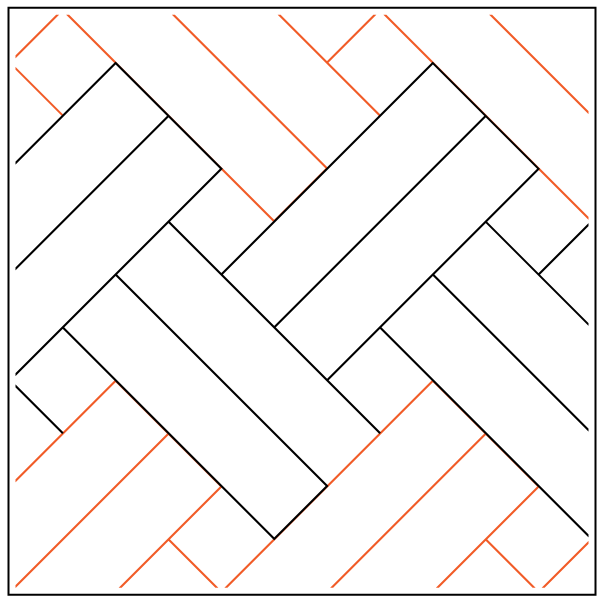 Geometric pattern of intersecting white and gray rectangles with thin orange lines.