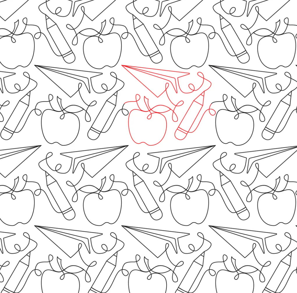 Seamless pattern of outlined fruits and vegetables, with one highlighted in red.