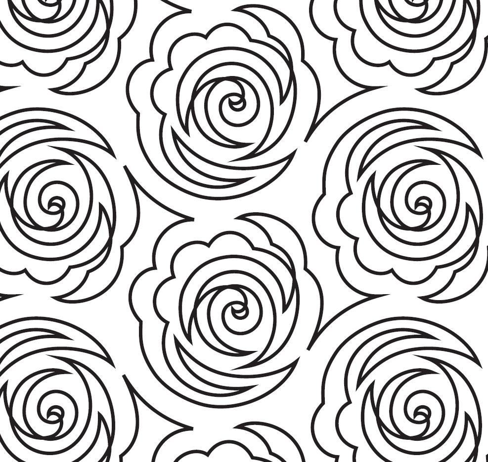 Black and white seamless rose pattern with swirling petals.
