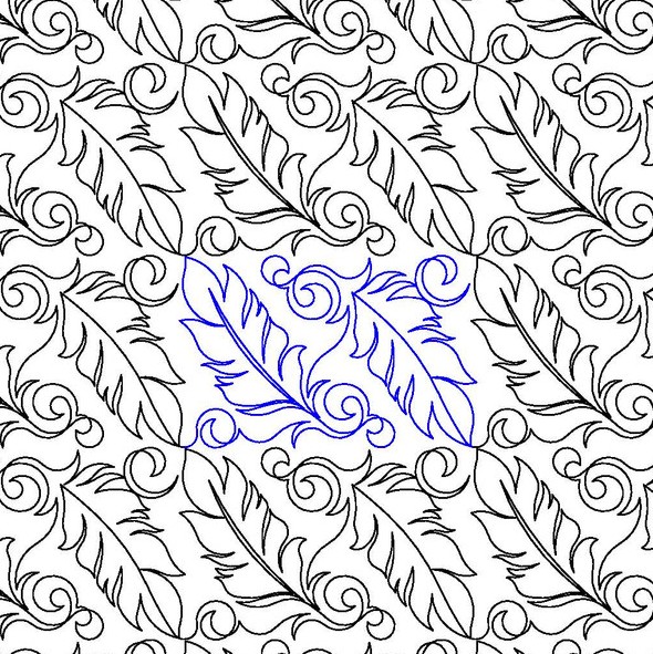Intricate black and white floral pattern with a central blue ornamental design.