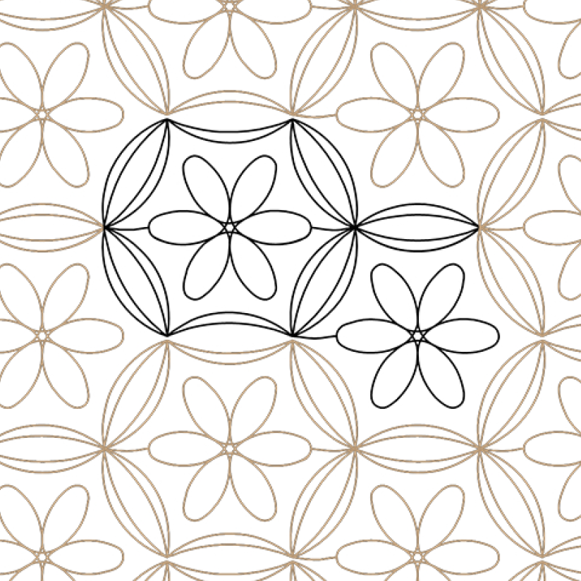Abstract floral pattern with outlined flowers and leaves in soft beige and black.