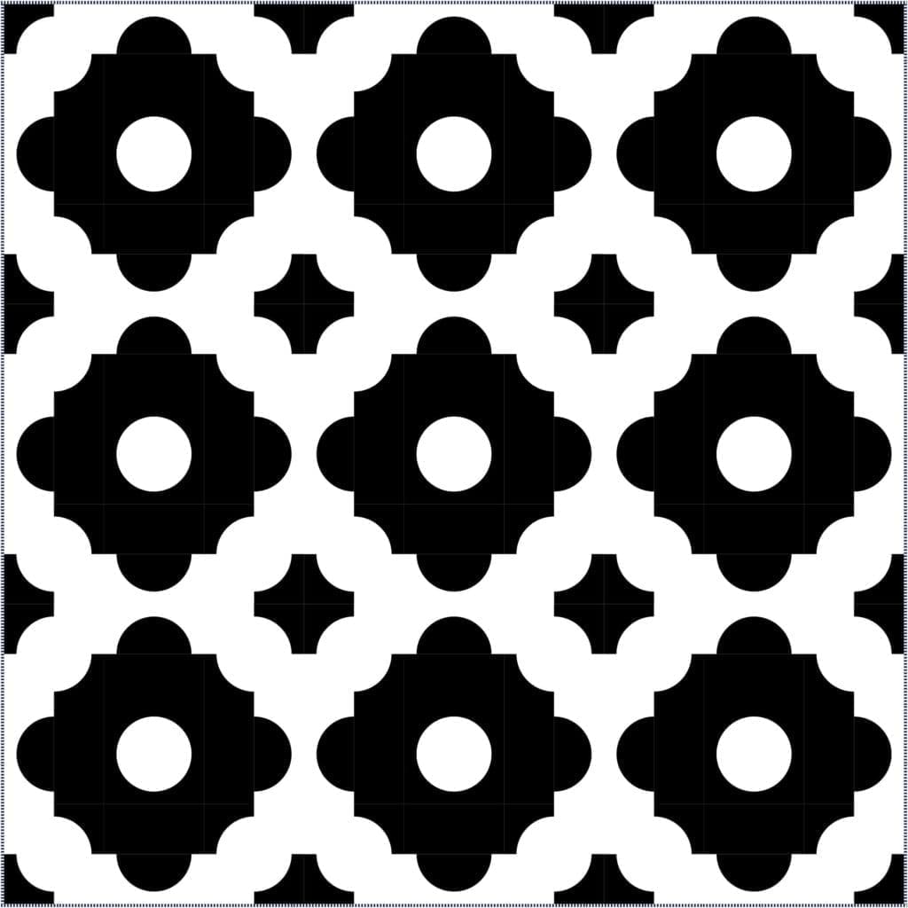 A black and white pattern of flowers.