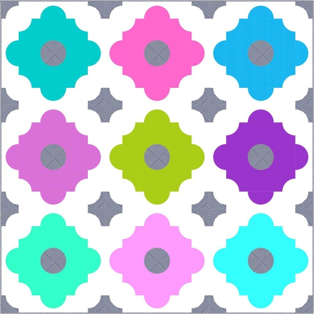 A colorful quilt with nine different colors of flowers.