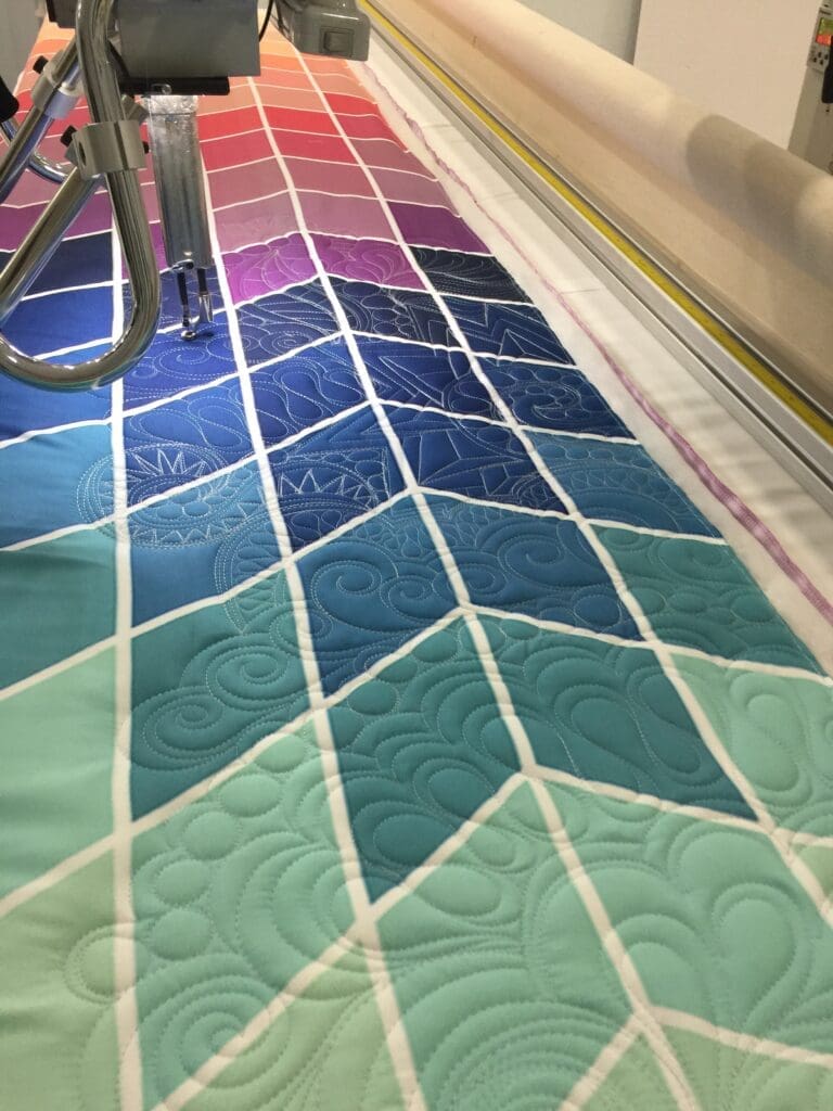A quilt being quilted on the sewing machine.