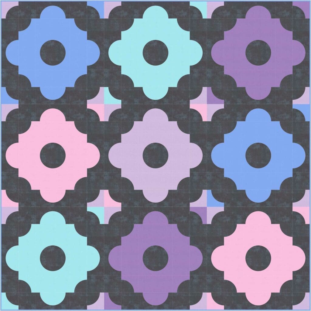 A pattern of flowers in purple, blue and pink.