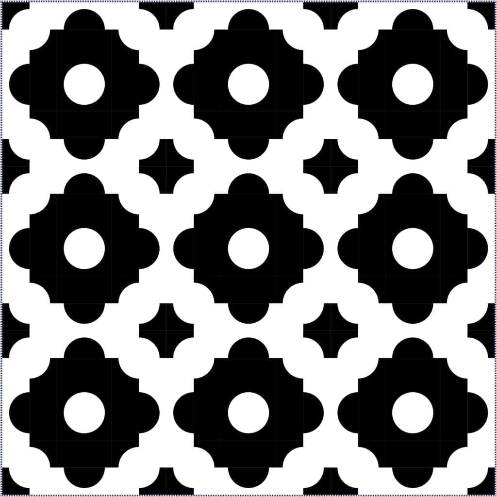 A black and white pattern of flowers.