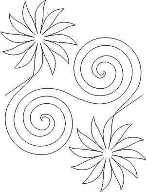 A drawing of three flowers with spirals on them.