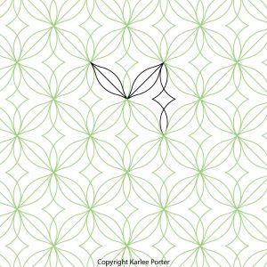 A pattern of green and black flowers on white.