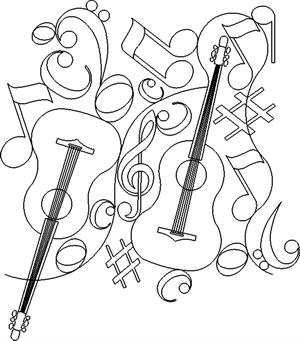 A guitar and some musical notes are drawn together.