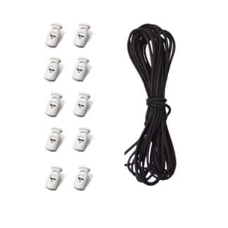 A black cord and eight white clips are shown.