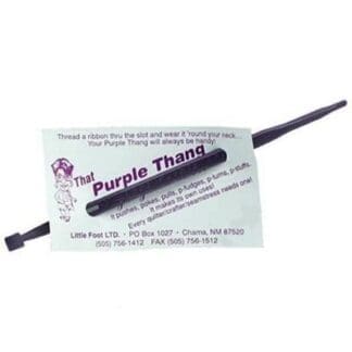A purple thang business card with a pen