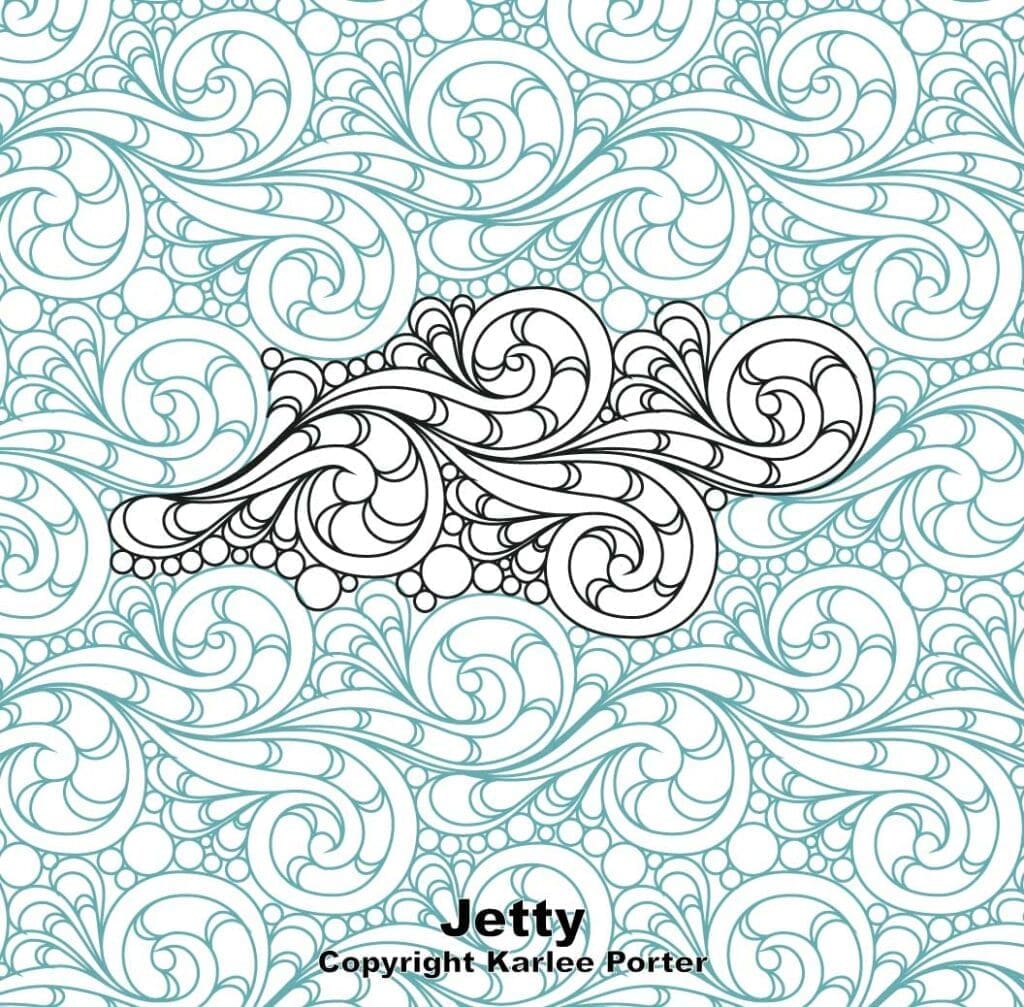 A coloring page of a floral pattern with the name jetty.