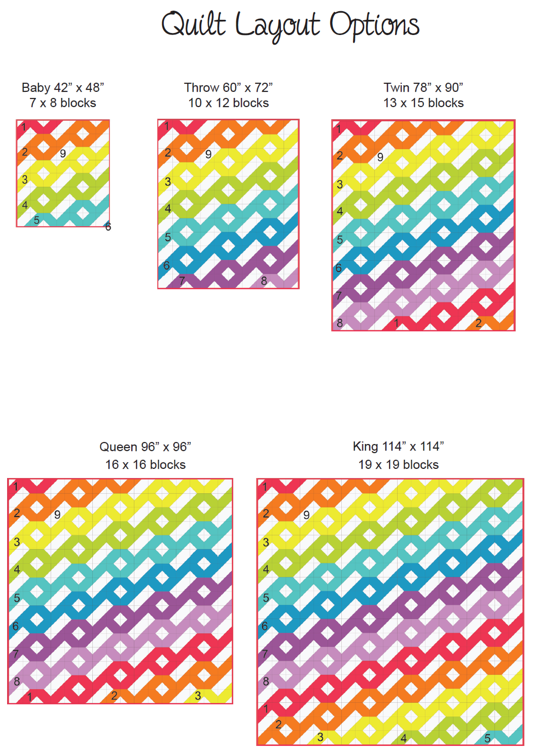 A picture of different sizes and colors of the same pattern.