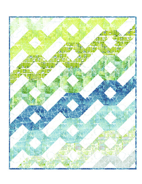 A quilt with blue and green designs on it.