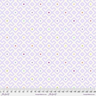 A purple and white pattern with yellow, blue, pink, green and red dots.