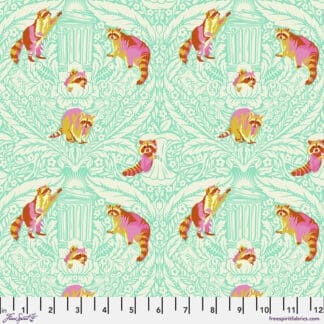 A pattern of cats and birds on a green background.