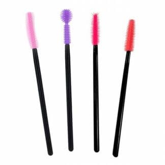 A group of four different colored mascara brushes.