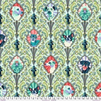A pattern of flowers and leaves on a green background.