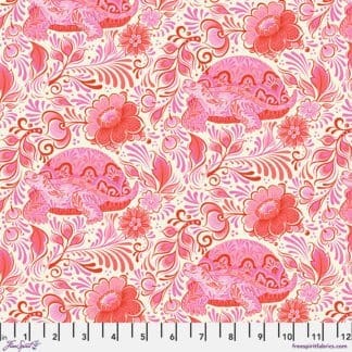 A pink floral pattern with a cat on it.