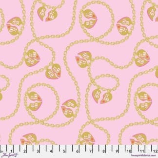 A pink background with gold chains and flowers.