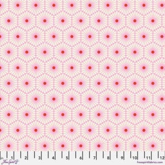 A pink and white pattern with red flowers.