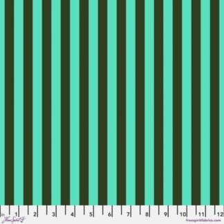A green and black striped fabric background.