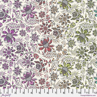A floral pattern with purple, green and white flowers.