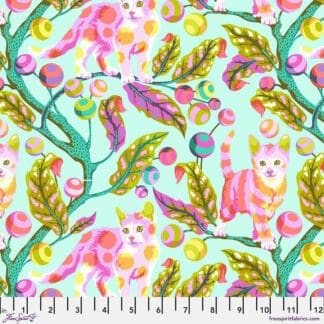 A pattern of cats and leaves on a light blue background.