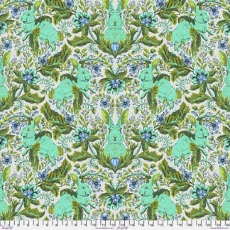 Intricate symmetrical pattern with green, blue, and beige tones.