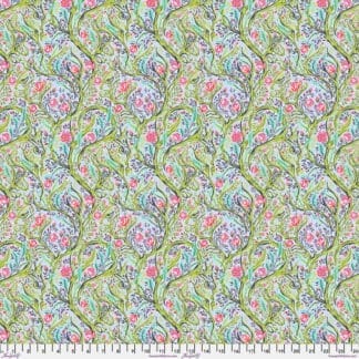 Floral fabric with green background and pink, blue accents.