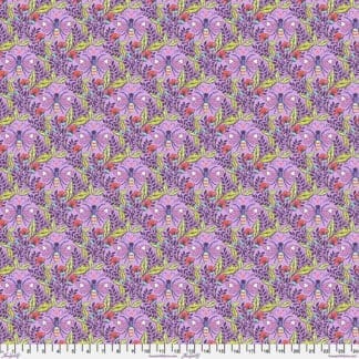 Seamless floral pattern with purple and pink flowers and green leaves.