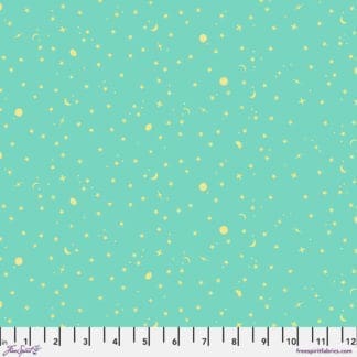 Light blue fabric with scattered yellow dots and star shapes.