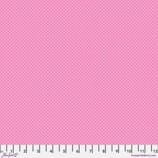 Pink fabric with a textured diagonal dotted pattern.