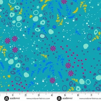 Turquoise floral fabric with scattered flowers and dots in various colors.
